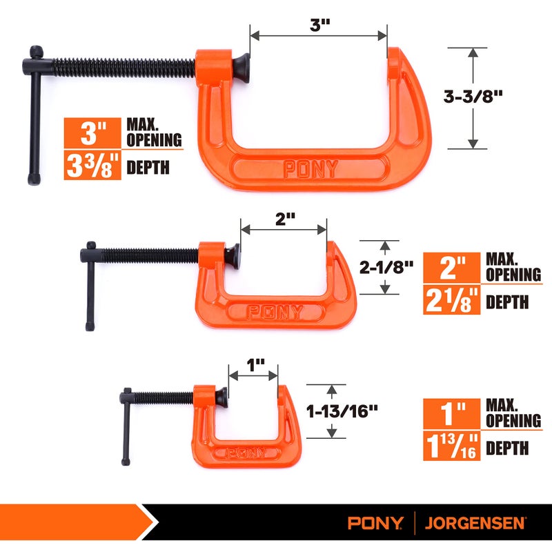 PONY Malleable Iron C-Clamp Set, 3-Piece, (1", 2", 3") - Image 2
